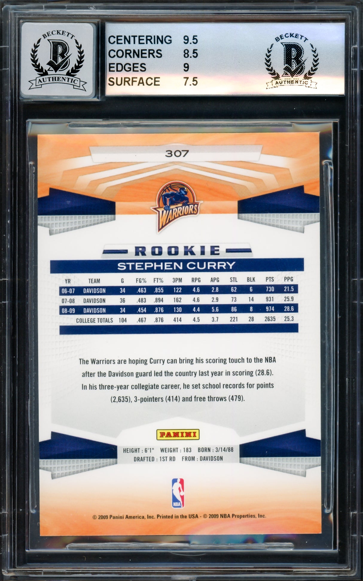 Stephen Curry Autographed 2009-10 Panini Rookie Card #307 Golden State Warriors BGS 8.5 Auto Grade Gem Mint 10 Beckett BAS #15816089