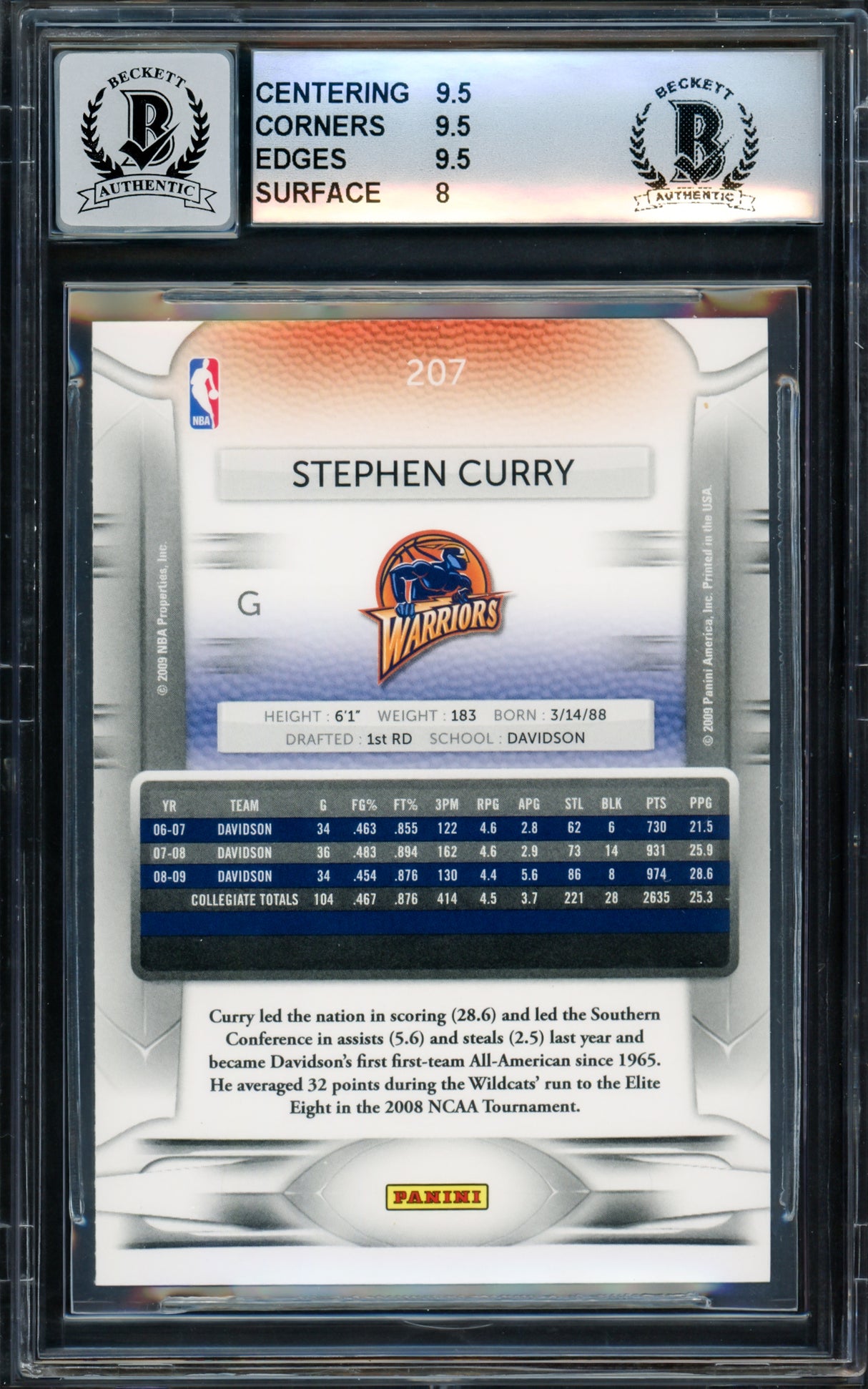 Stephen Curry Autographed 2009-10 Panini Prestige Rookie Card #207 Golden State Warriors BGS 9 Auto Grade Gem Mint 10 Beckett BAS #15816114