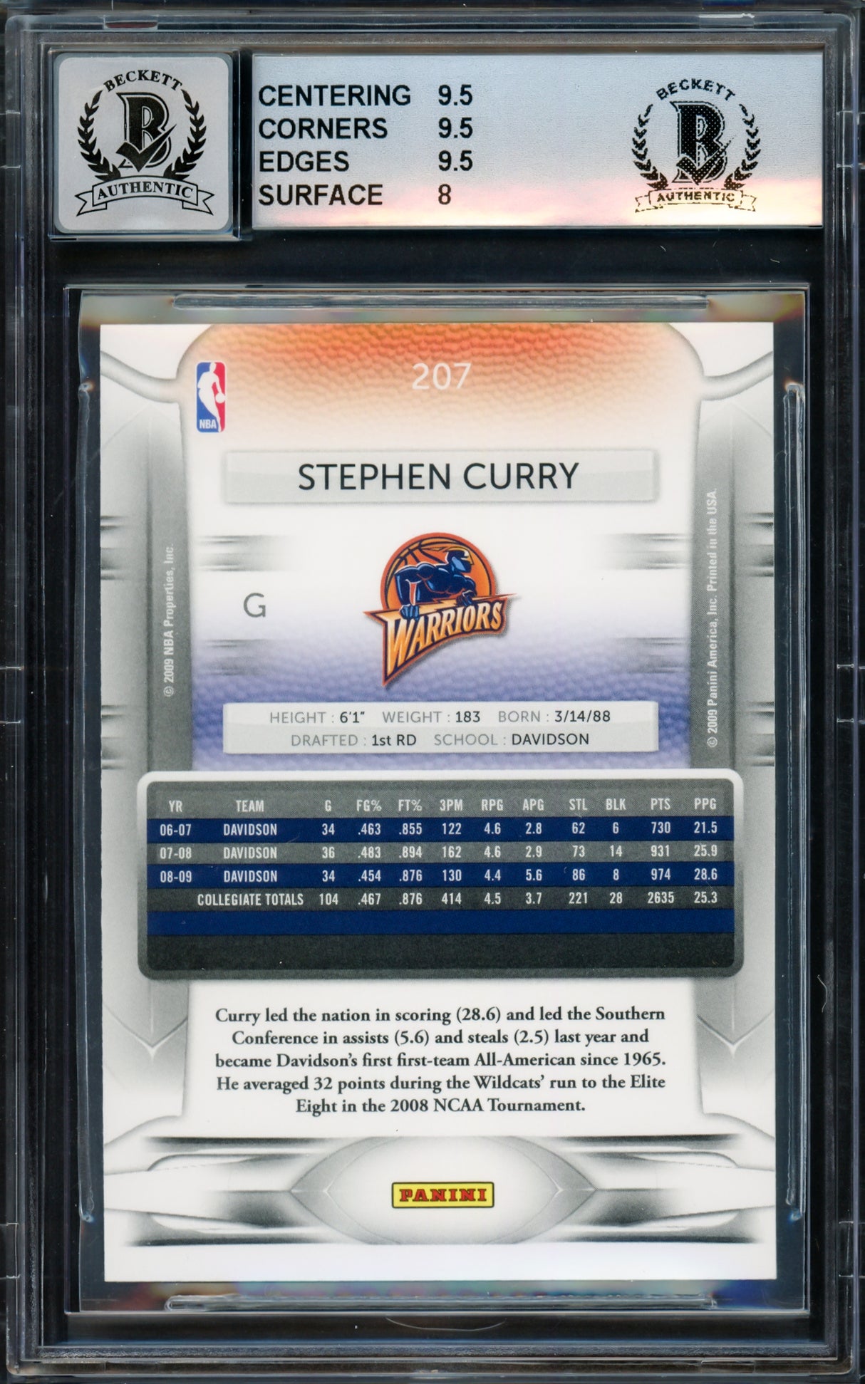 Stephen Curry Autographed 2009-10 Panini Prestige Rookie Card #207 Golden State Warriors BGS 9 Auto Grade Gem Mint 10 Beckett BAS #15816111