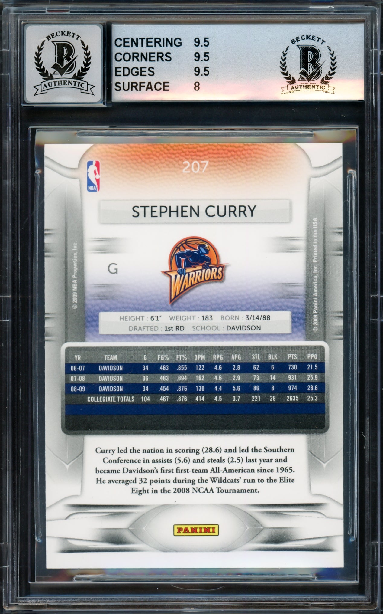 Stephen Curry Autographed 2009-10 Panini Prestige Rookie Card #207 Golden State Warriors BGS 9 Auto Grade Gem Mint 10 Beckett BAS #15816111