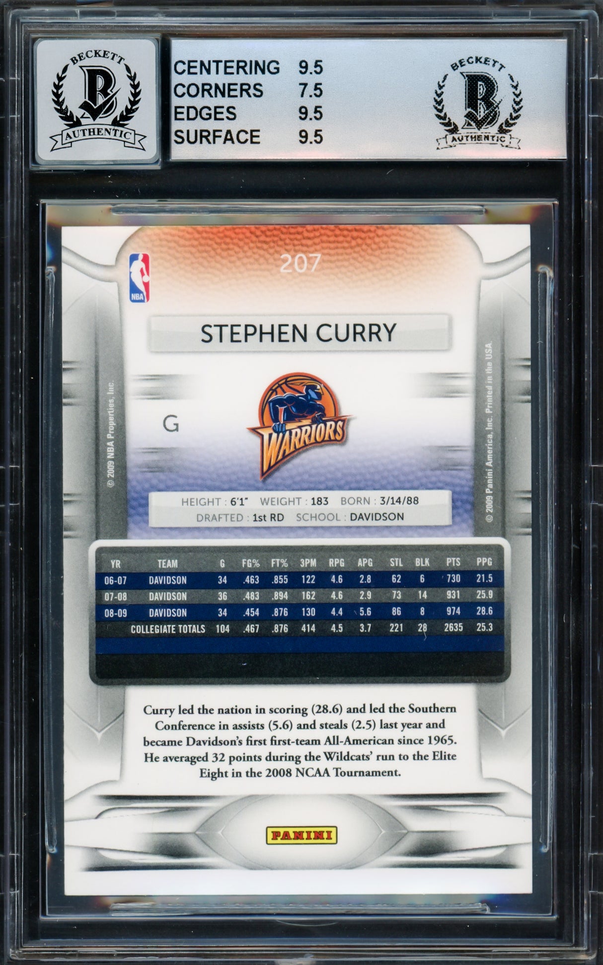 Stephen Curry Autographed 2009-10 Panini Prestige Rookie Card #207 Golden State Warriors BGS 8 Auto Grade Gem Mint 10 Beckett BAS #15816117