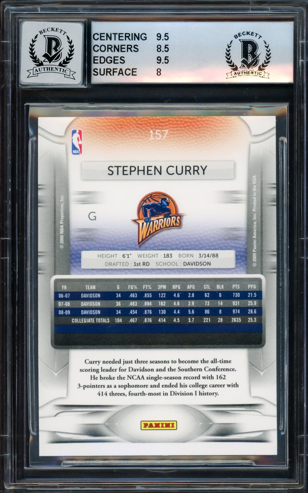 Stephen Curry Autographed 2009-10 Panini Prestige Rookie Card #157 Golden State Warriors BGS 8.5 Auto Grade Gem Mint 10 Beckett BAS #15816110