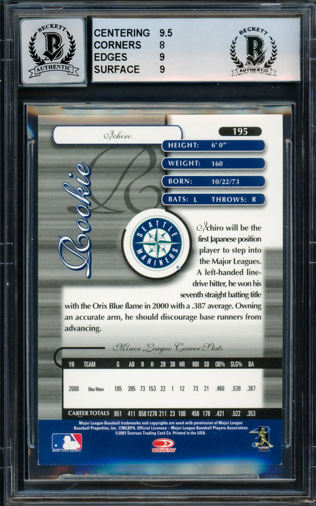 Ichiro Suzuki Autographed 2001 Donruss Elite Rookie Card #195 Seattle Mariners BGS 8.5 Auto Grade Gem Mint 10 "01 ROY/MVP" #492/1000 Beckett BAS #15816019