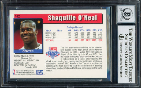 Shaquille Shaq O'Neal Autographed 1992-93 Hopps Rookie Card #442 Orlando Magic Auto Grade Gem Mint 10 Beckett BAS Stock #220146