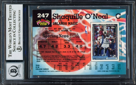 Shaquille Shaq O'Neal Autographed 1992-93 Stadium Club Rookie Card #247 Orlando Magic Auto Grade Gem Mint 10 Beckett BAS Stock #220148