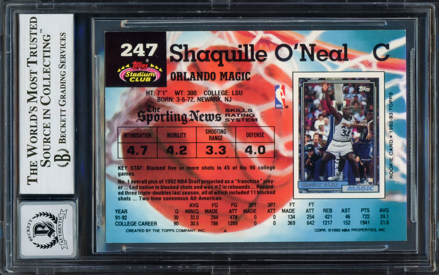 Shaquille O'Neal Autographed 1992-93 Stadium Club Rookie Card #247 Orlando Magic Auto Grade Gem Mint 10 Beckett BAS Stock #220148