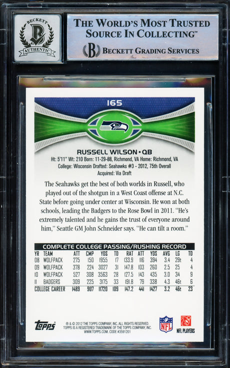 Russell Wilson Autographed 2012 Topps Rookie Card #165A Seattle Seahawks Auto Grade Gem Mint 10 Beckett BAS Stock #220150