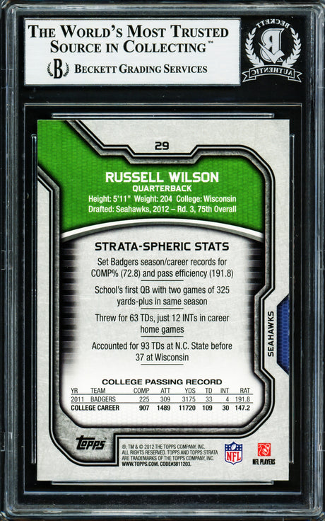 Russell Wilson Autographed 2012 Topps Strata Rookie Card #29 Seattle Seahawks Beckett BAS Stock #220153