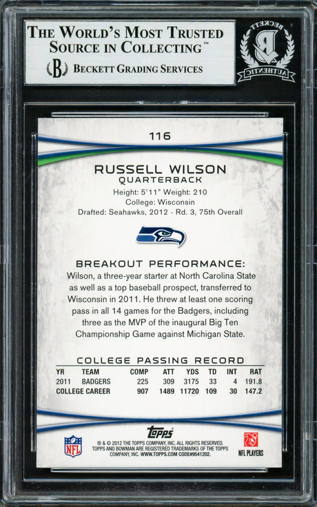 Russell Wilson Autographed 2012 Bowman Rookie Card #116A Seattle Seahawks Beckett BAS Stock #220154