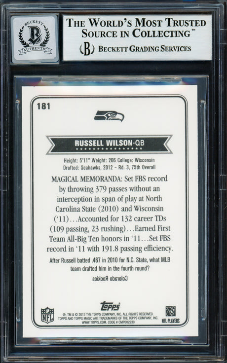 Russell Wilson Autographed 2012 Topps Magic Rookie Card #181 Seattle Seahawks Auto Grade Gem Mint 10 Beckett BAS Stock #220159