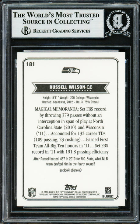 Russell Wilson Autographed 2012 Topps Magic Rookie Card #181 Seattle Seahawks Beckett BAS Stock #220160