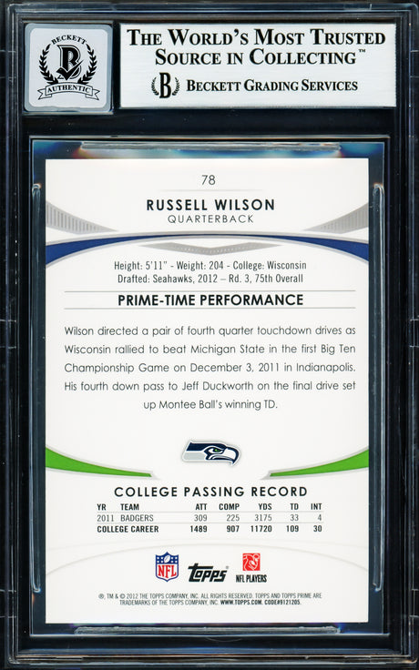 Russell Wilson Autographed 2012 Topps Prime Rookie Card #78 Seattle Seahawks Auto Grade Gem Mint 10 Beckett BAS Stock #220161