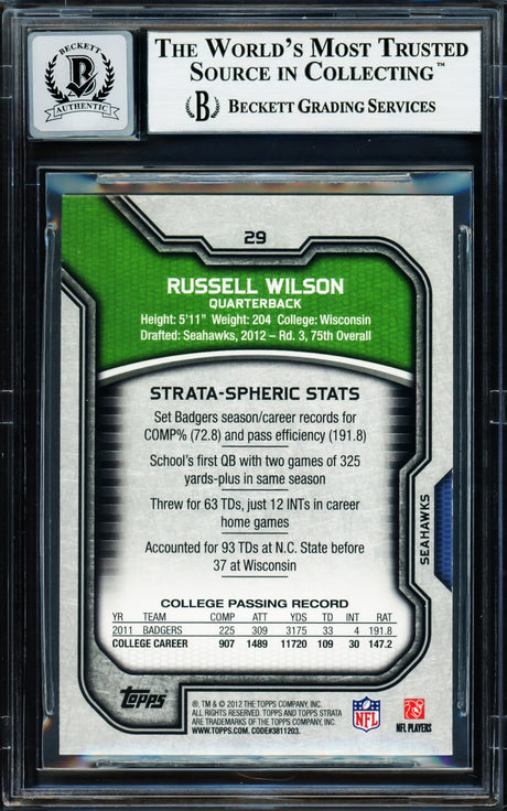 Russell Wilson Autographed 2012 Topps Strata Rookie Card #29 Seattle Seahawks Auto Grade Gem Mint 10 Beckett BAS Stock #220162