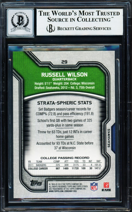 Russell Wilson Autographed 2012 Topps Strata Rookie Card #29 Seattle Seahawks Auto Grade Gem Mint 10 Beckett BAS Stock #220163