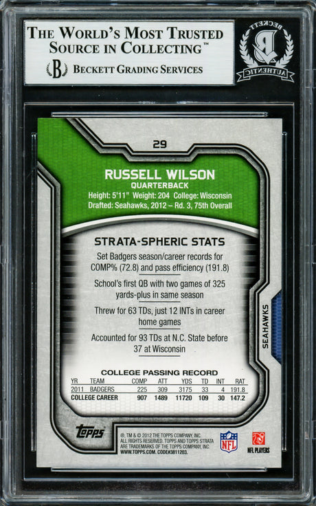 Russell Wilson Autographed 2012 Topps Strata Retail Rookie Card #29 Seattle Seahawks Beckett BAS Stock #220166