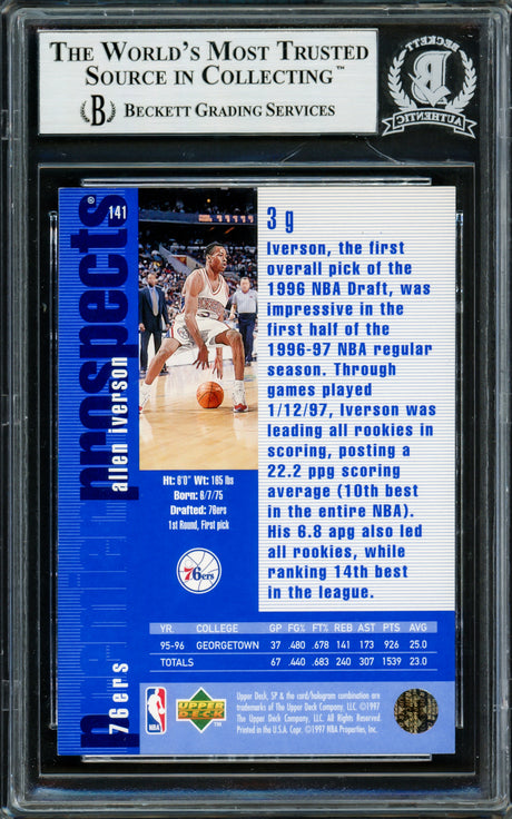 Allen Iverson Autographed 1996-97 Upper Deck SP Rookie Card #141 Philadelphia 76ers Beckett BAS Stock #220169
