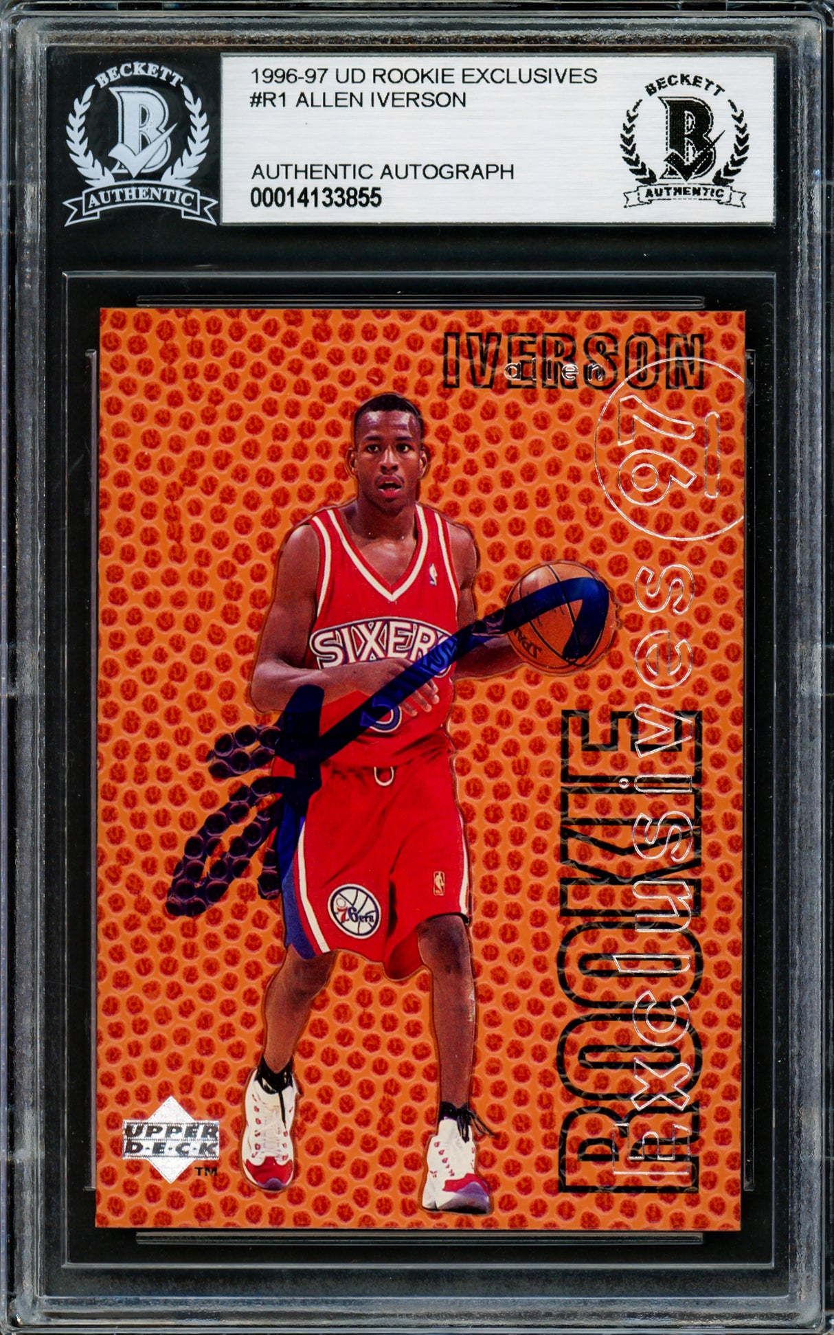 Allen Iverson Autographed 1996-97 Upper Deck Exclusives Rookie Card #R1 Philadelphia 76ers Beckett BAS Stock #220170