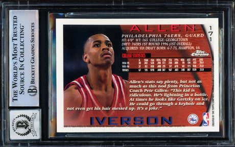 Allen Iverson Autographed 1996-97 Topps Chrome Rookie Card #171 Philadelphia 76ers Auto Grade Gem Mint 10 Beckett BAS Stock #220171