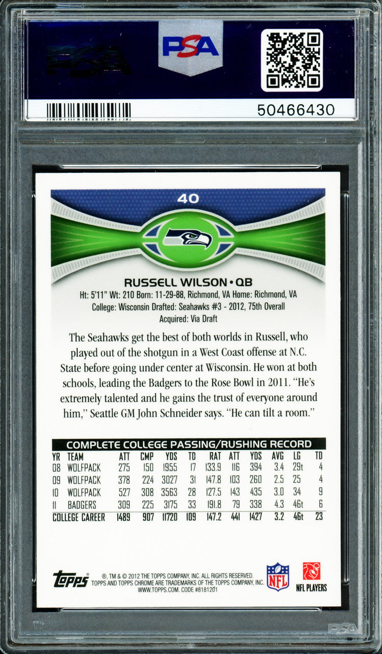 Russell Wilson Autographed 2012 Topps Chrome Rookie Card #40A Seattle Seahawks PSA 8 Auto Grade Gem Mint 10 PSA/DNA Stock #260158