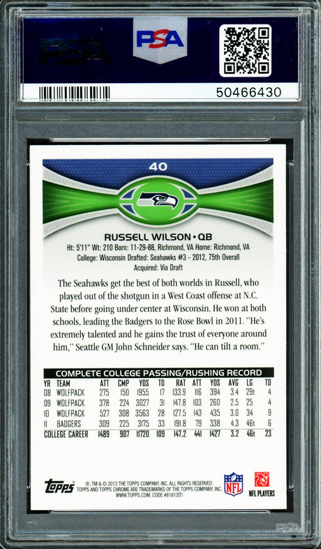 Russell Wilson Autographed 2012 Topps Chrome Rookie Card #40A Seattle Seahawks PSA 8 Auto Grade Gem Mint 10 PSA/DNA Stock #220172