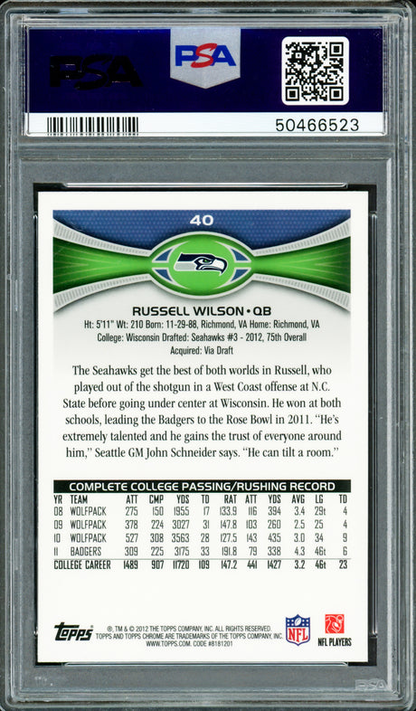 Russell Wilson Autographed 2012 Topps Chrome Rookie Card #40A Seattle Seahawks PSA 9 Auto Grade Gem Mint 10 PSA/DNA Stock #220174