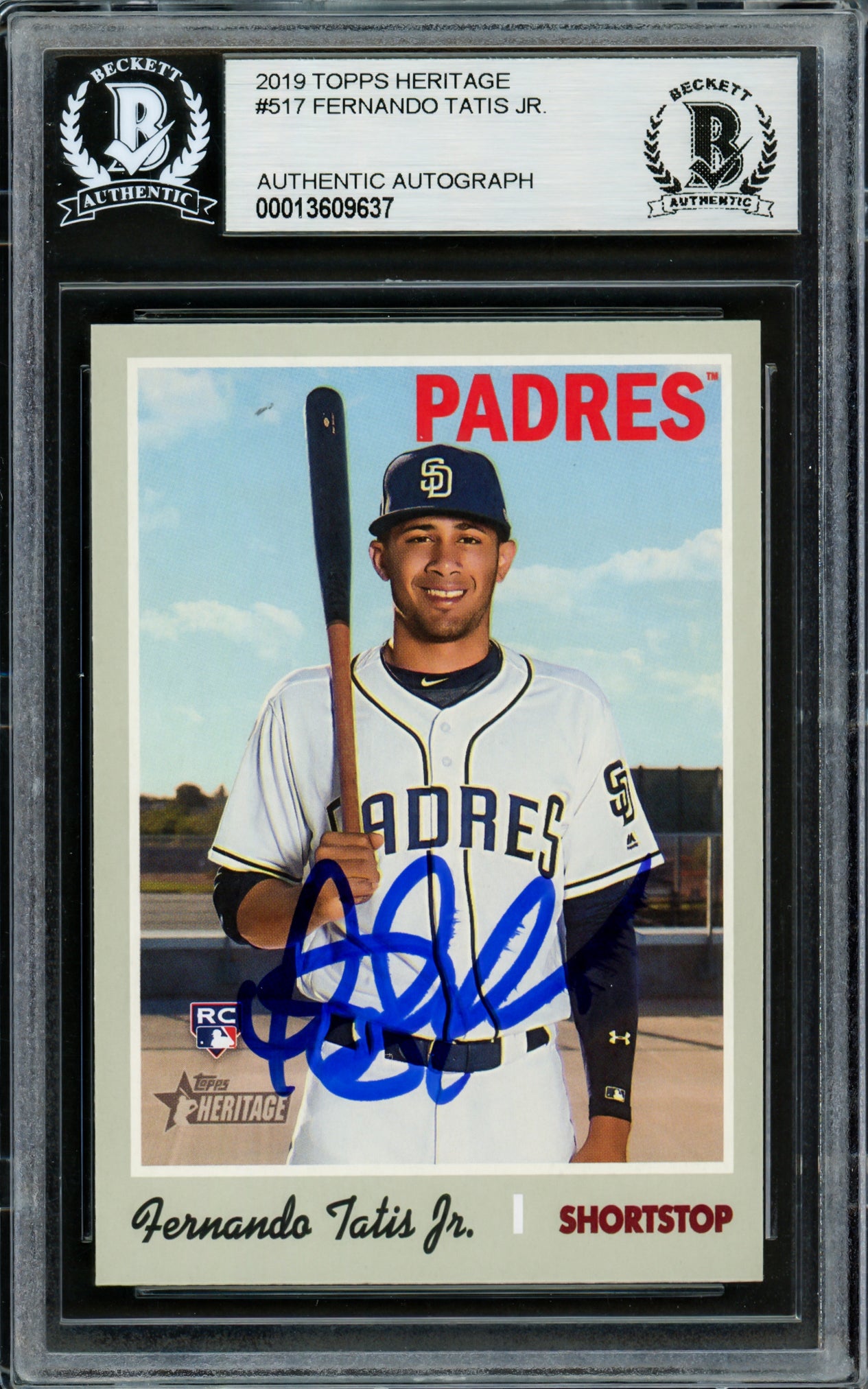 Fernando Tatis Jr. Autographed 2019 Topps Heritage Rookie Card #517 San Diego Padres Beckett BAS Stock #220234