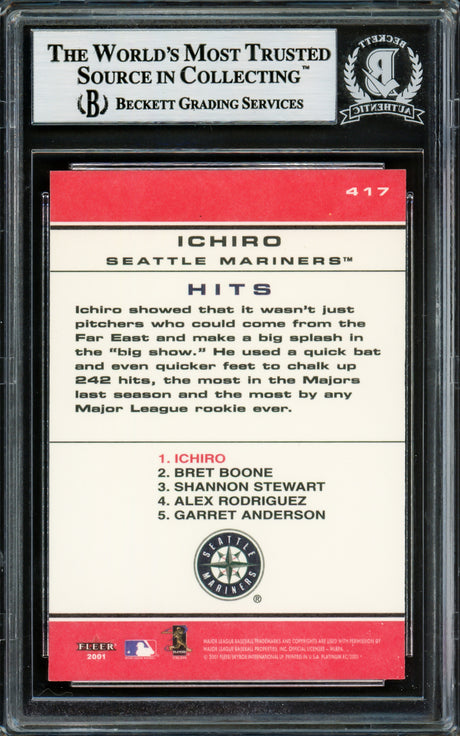 Ichiro Suzuki Autographed 2001 Fleer Platinum Rookie Card #417 Seattle Mariners Beckett BAS Stock #220238