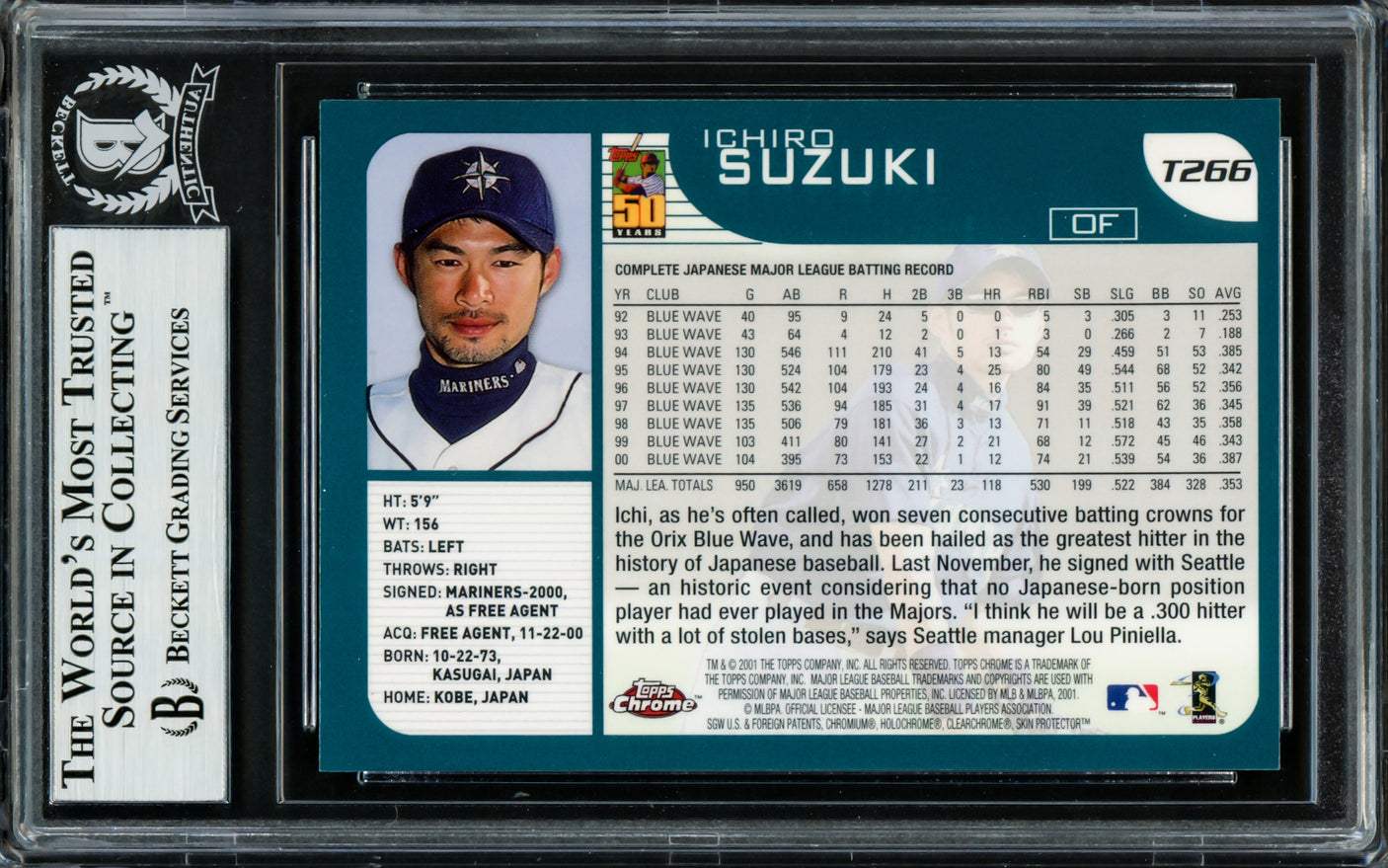 Ichiro Suzuki Autographed 2001 Topps Chrome Traded Rookie Card #T266 Seattle Mariners Beckett BAS Stock #220240