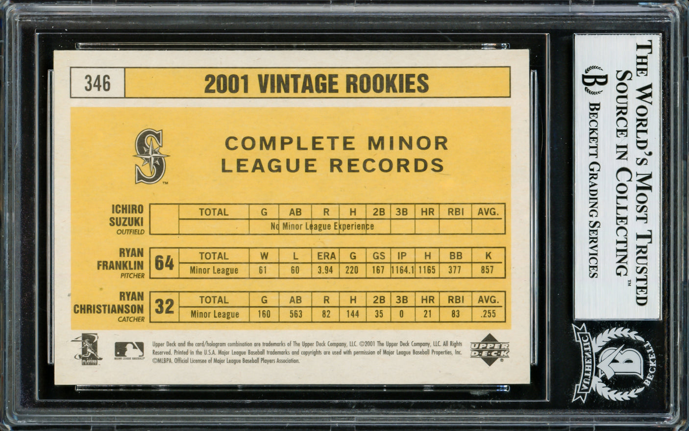 Ichiro Suzuki Autographed 2001 Upper Deck Vintage Rookie Card #346 Seattle Mariners Beckett BAS Stock #220245