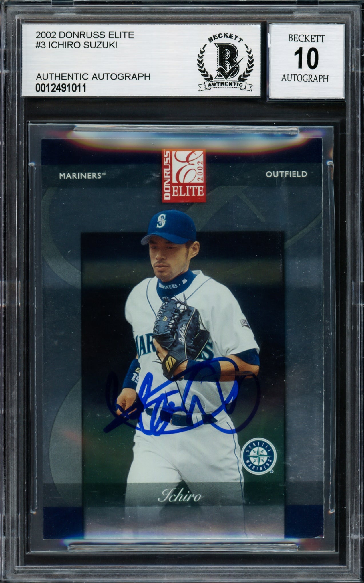Ichiro Suzuki Autographed 2002 Donruss Elite Card #3 Seattle Mariners Auto Grade Gem Mint 10 Beckett BAS Stock #220247