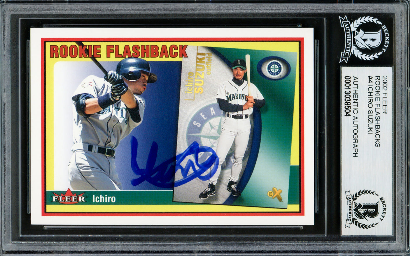 Ichiro Suzuki Autographed 2002 Fleer Rookie Flashbacks Card #4 Seattle Mariners Beckett BAS Stock #220250