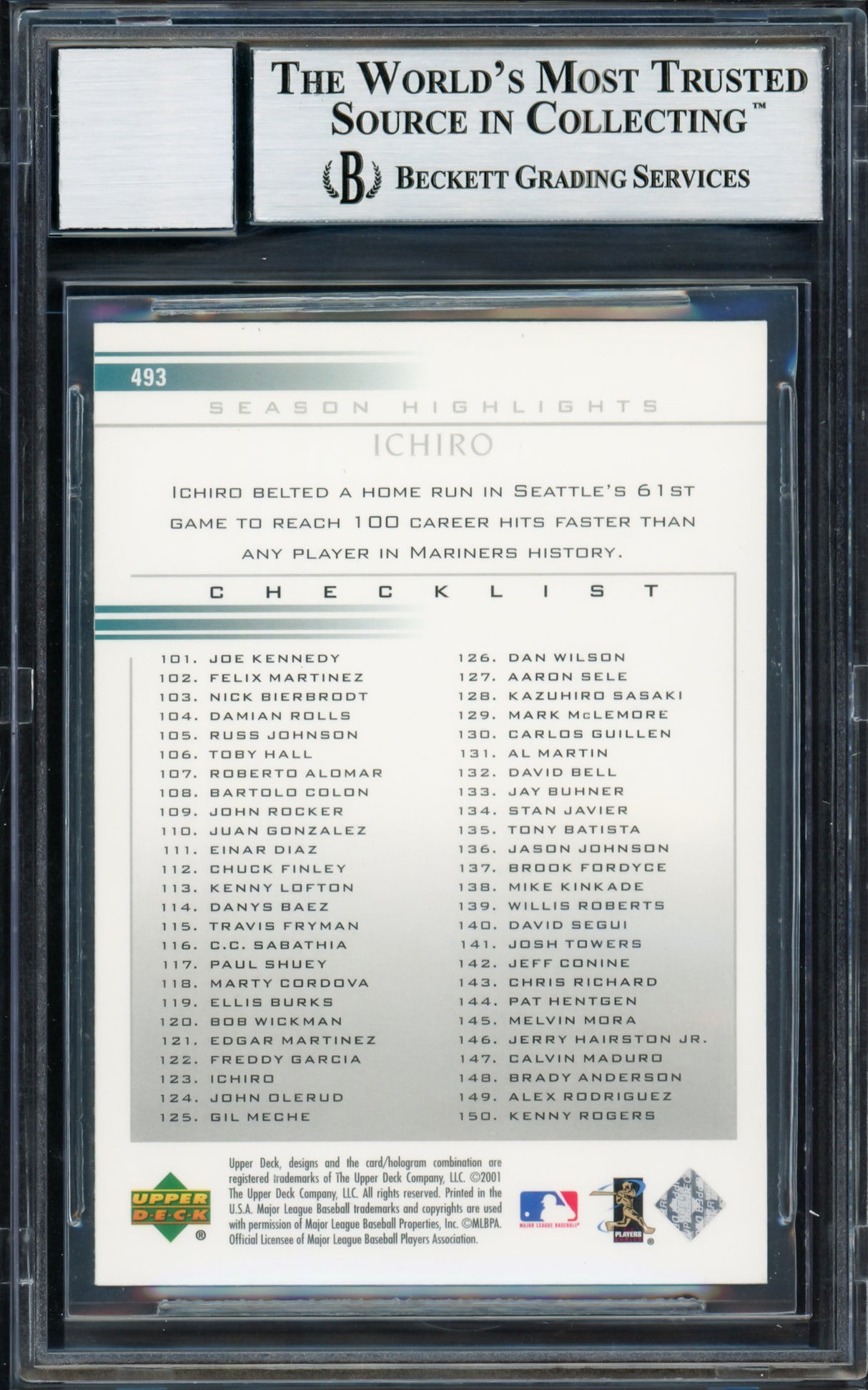 Ichiro Suzuki Autographed 2002 Upper Deck Card #493 Seattle Mariners Auto Grade Gem Mint 10 Beckett BAS Stock #220256