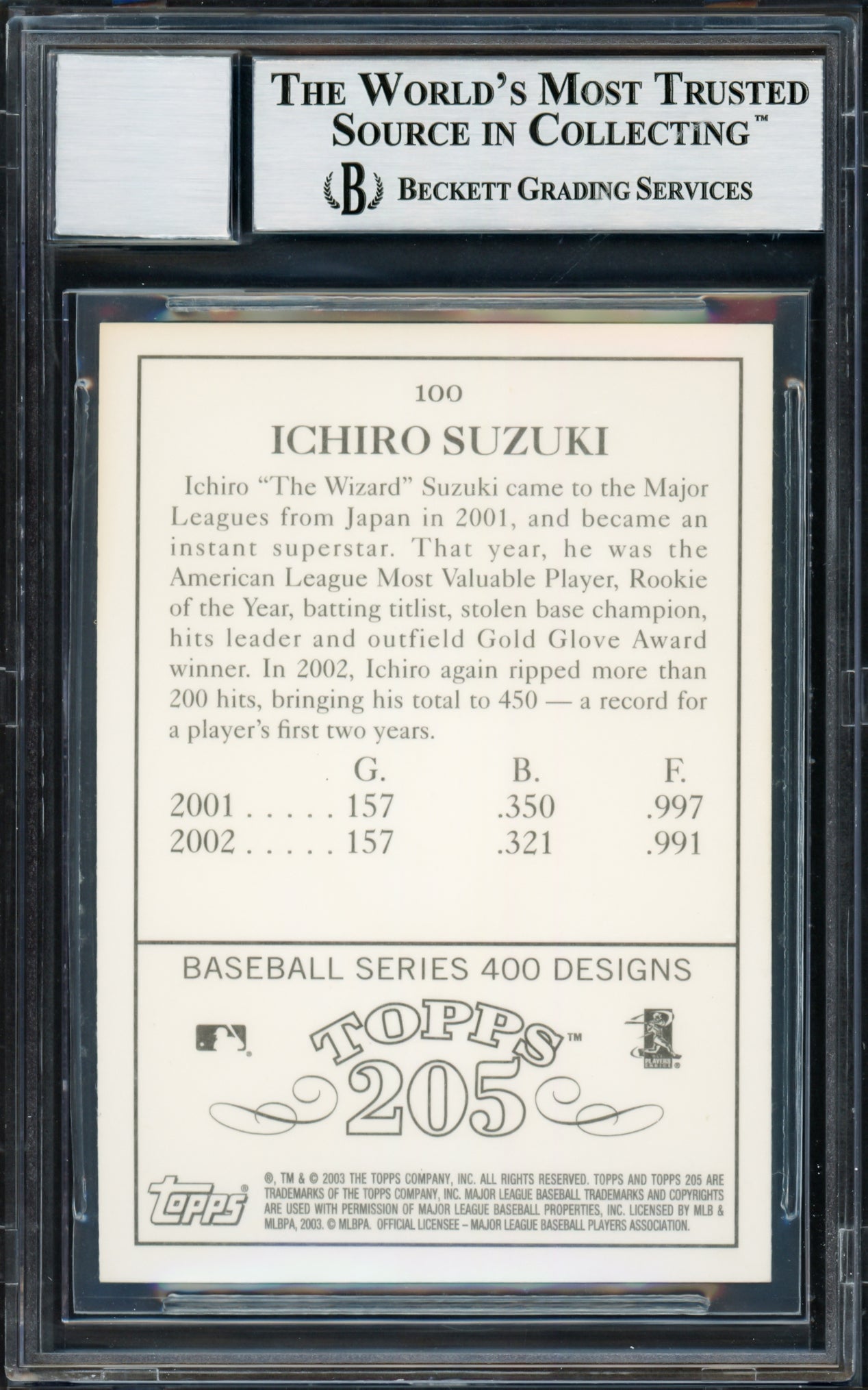 Ichiro Suzuki Autographed 2003 Topps 205 Card #100A Seattle Mariners Auto Grade Gem Mint 10 Beckett BAS Stock #220261