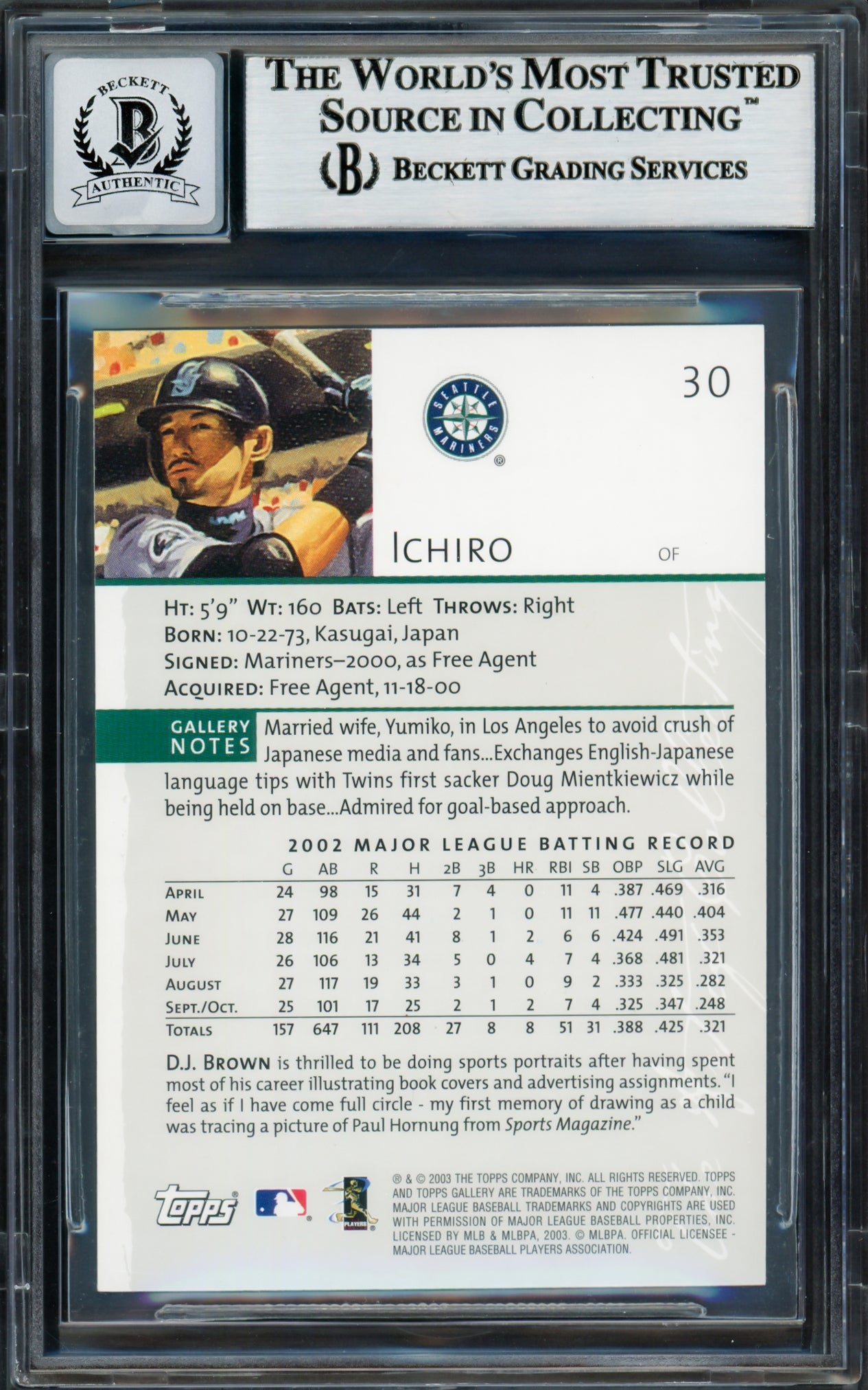 Ichiro Suzuki Autographed 2003 Topps Gallery Card #30 Seattle Mariners Auto Grade Gem Mint 10 Beckett BAS Stock #220262