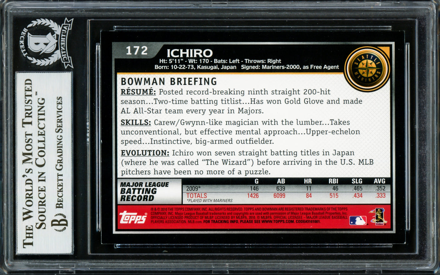 Ichiro Suzuki Autographed 2010 Bowman Card #172 Seattle Mariners Beckett BAS Stock #220272