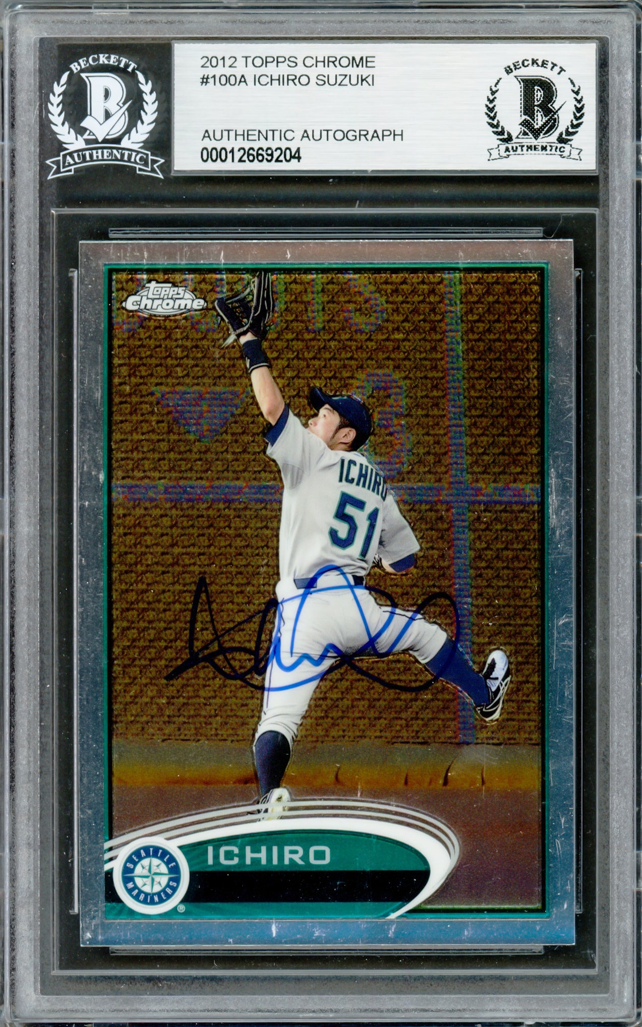 Ichiro Suzuki Autographed 2012 Topps Chrome Card #100 Seattle Mariners Beckett BAS Stock #220275
