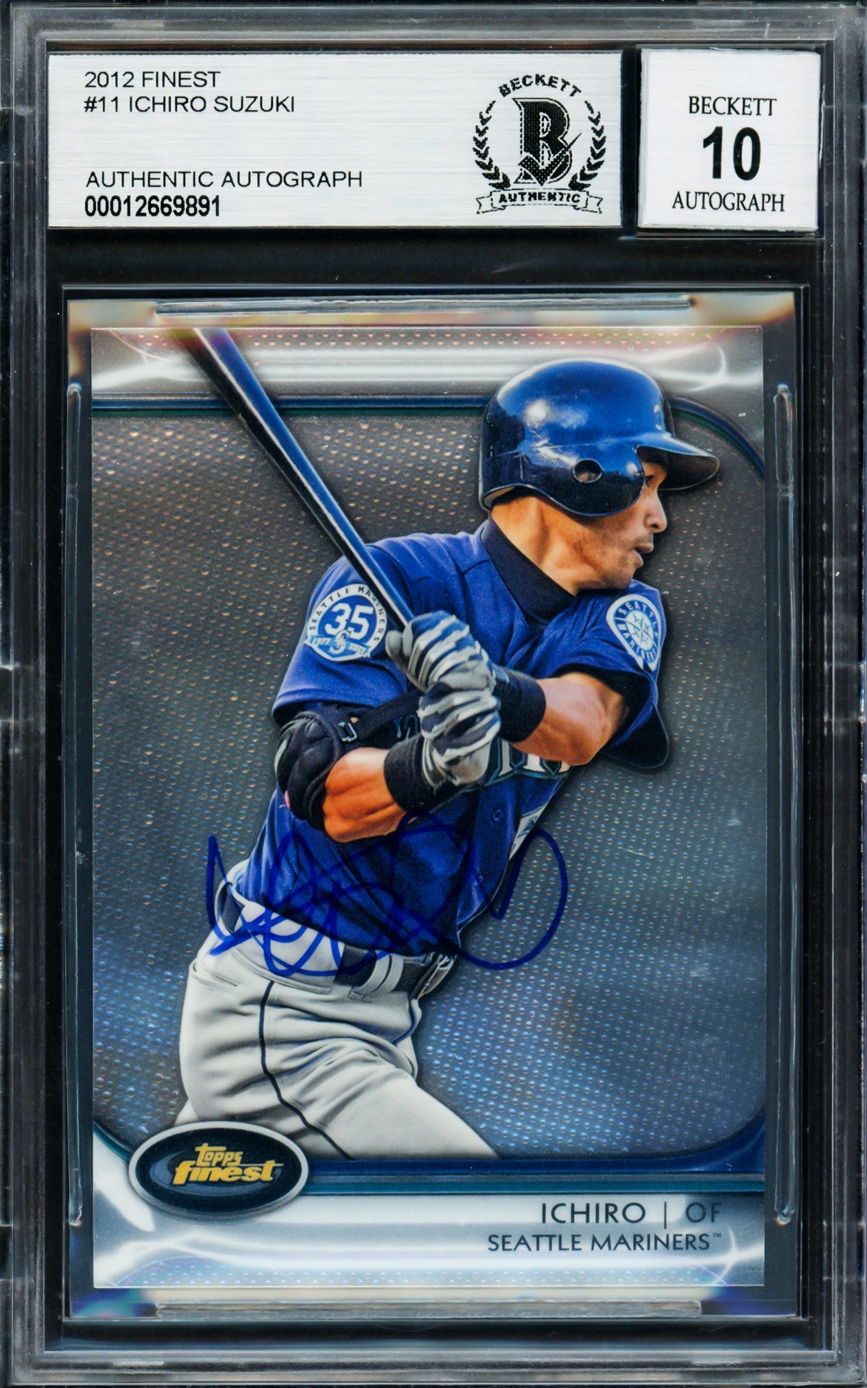 Ichiro Suzuki Autographed 2012 Topps Finest Card #11 Seattle Mariners Auto Grade Gem Mint 10 Beckett BAS Stock #220276