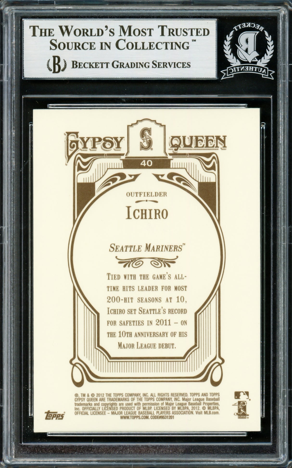 Ichiro Suzuki Autographed 2012 Topps Gypsy Queen Card #40 Seattle Mariners Beckett BAS Stock #220277