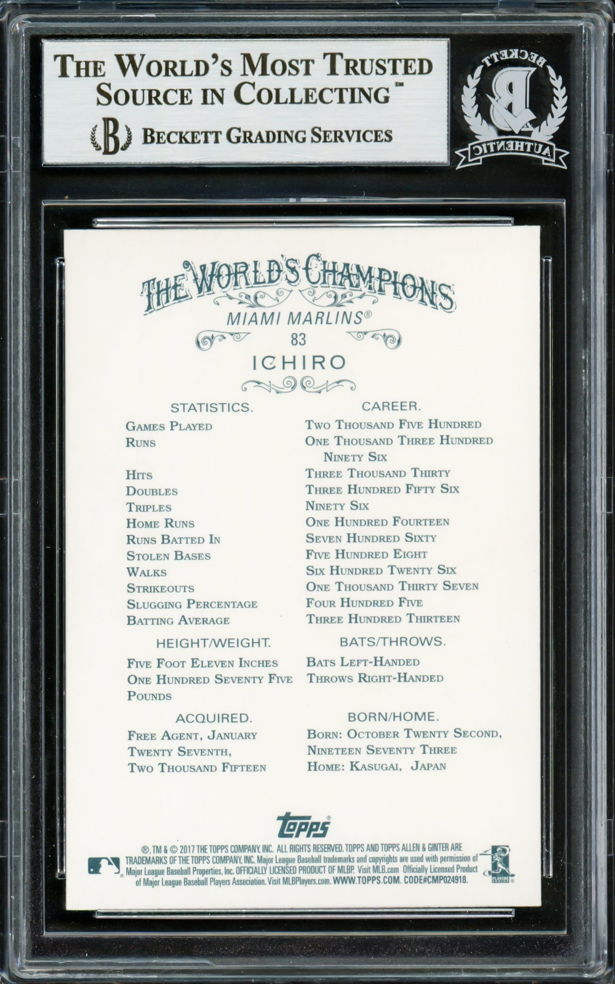 Ichiro Suzuki Autographed 2017 Topps Allen & Ginter Card #83 Seattle Mariners Beckett BAS Stock #220282