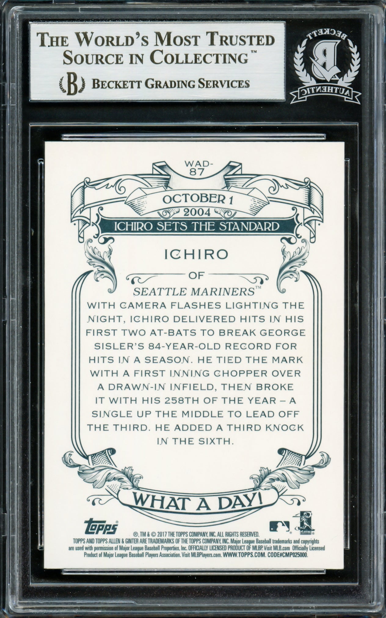 Ichiro Suzuki Autographed 2017 Topps Allen & Ginter What A Day Card #WAD-87 Seattle Mariners Beckett BAS Stock #220284