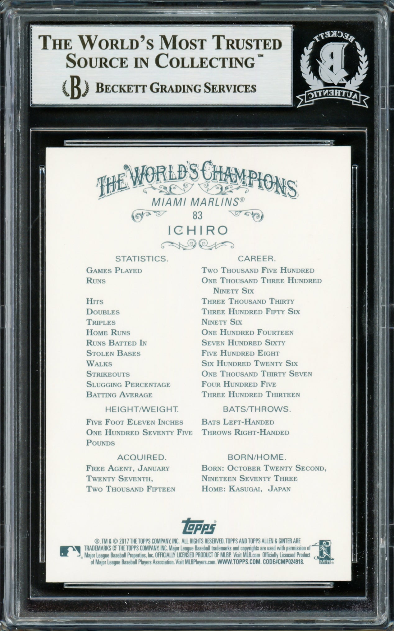 Ichiro Suzuki Autographed 2017 Topps Allen & Ginter X Card #83 Seattle Mariners Beckett BAS Stock #220285