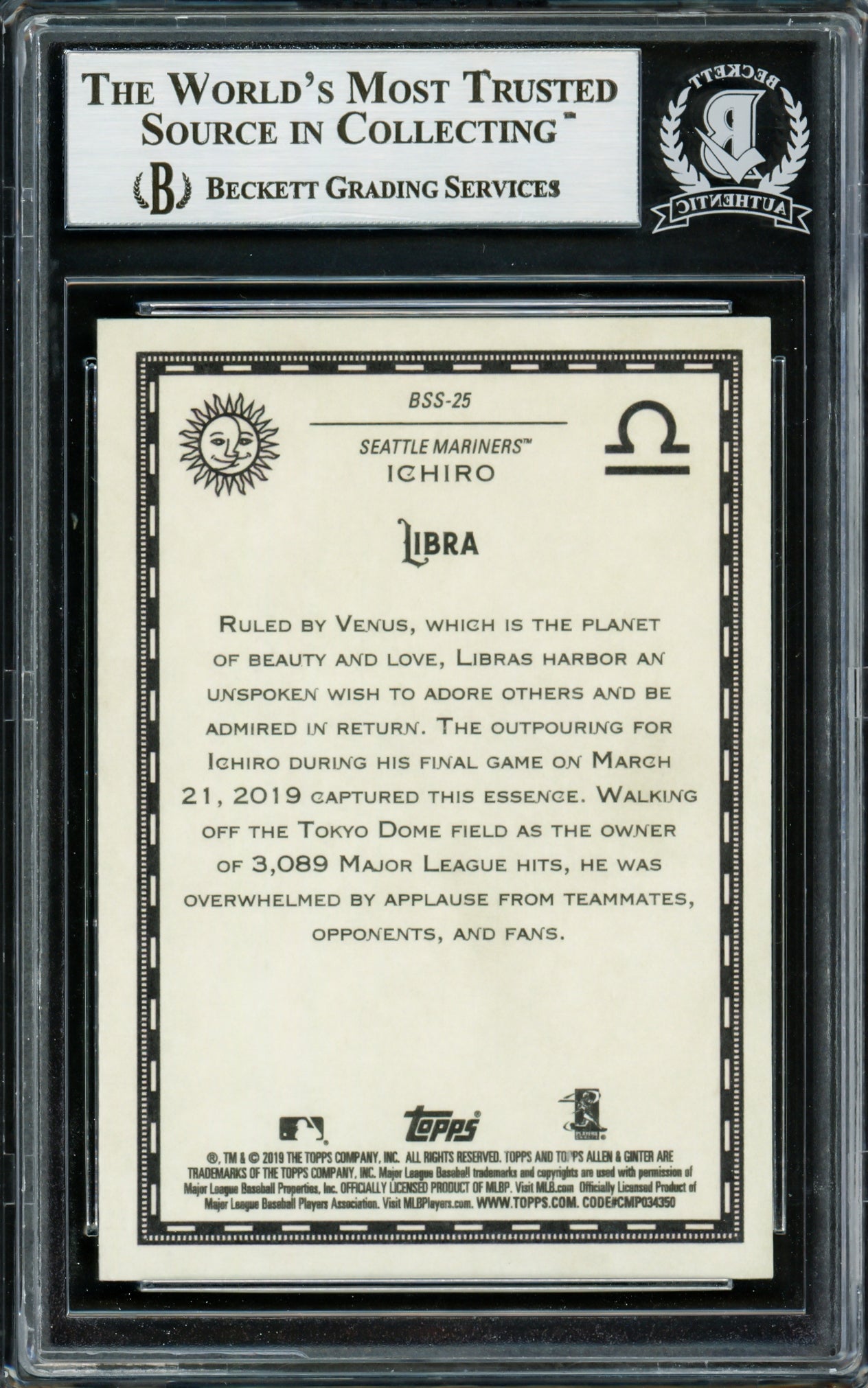 Ichiro Suzuki Autographed 2019 Topps Allen & Ginter Baseball Star Signs Card #BSS-25 Seattle Mariners Beckett BAS Stock #220288