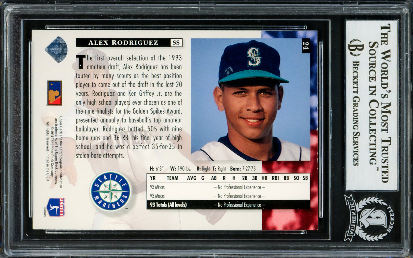 Alex Rodriguez Autographed 1994 Upper Deck Electric Diamond Rookie Card #24 Seattle Mariners Beckett BAS Stock #220304