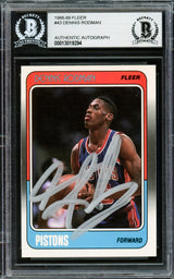 Dennis Rodman Autographed 1988-89 Fleer Rookie Card #43 Detroit Pistons Beckett BAS Stock #220307