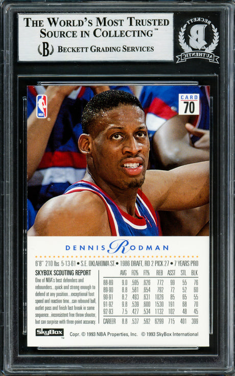 Dennis Rodman Autographed 1993-94 Skybox Card #70 Detroit Pistons Beckett BAS Stock #220312