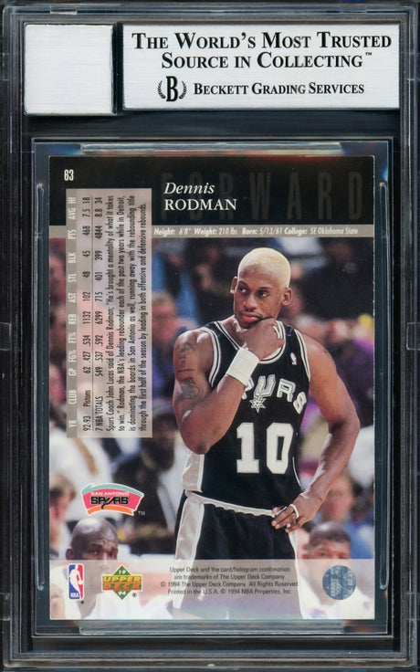 Dennis Rodman Autographed 1993-94 Upper Deck Card #63 San Antonio Spurs Auto Grade Gem Mint 10 Beckett BAS Stock #220313