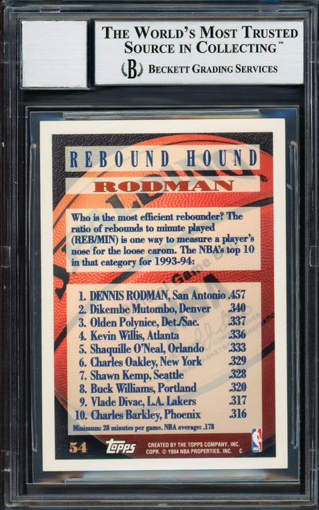Dennis Rodman Autographed 1994-95 Topps Card #54 San Antonio Spurs Auto Grade Gem Mint 10 Beckett BAS Stock #220315
