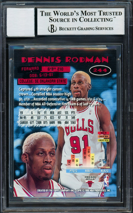 Dennis Rodman Autographed 1996-97 Stadium Club Card #244 Chicago Bulls Auto Grade Gem Mint 10 Beckett BAS Stock #220322