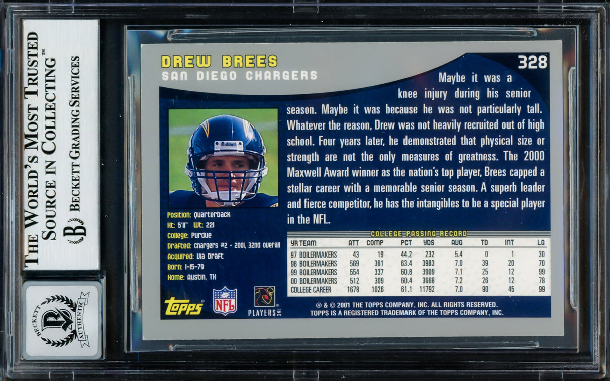 Drew Brees Autographed 2001 Topps Rookie Card #328 San Diego Chargers Auto Grade Gem Mint 10 Beckett BAS Stock #220325