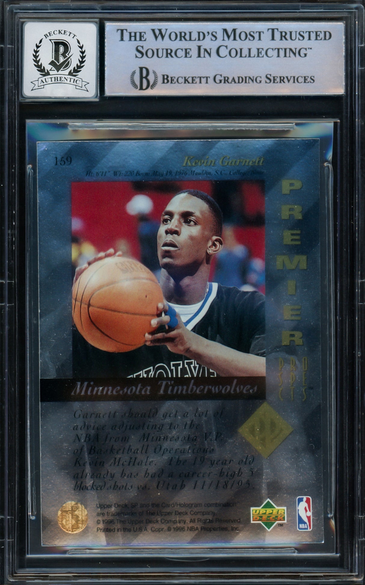Kevin Garnett Autographed 1995-96 SP Authentic Rookie Card #159 Minnesota Timberwolves Auto Grade Gem Mint 10 Beckett BAS Stock #220332
